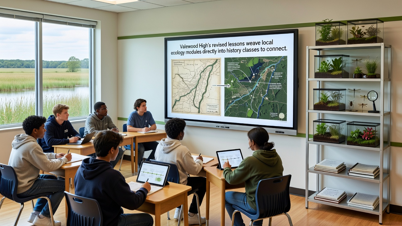 Teacher guiding Valewood High students through a valley site visit that links historical land records to current ecological observations